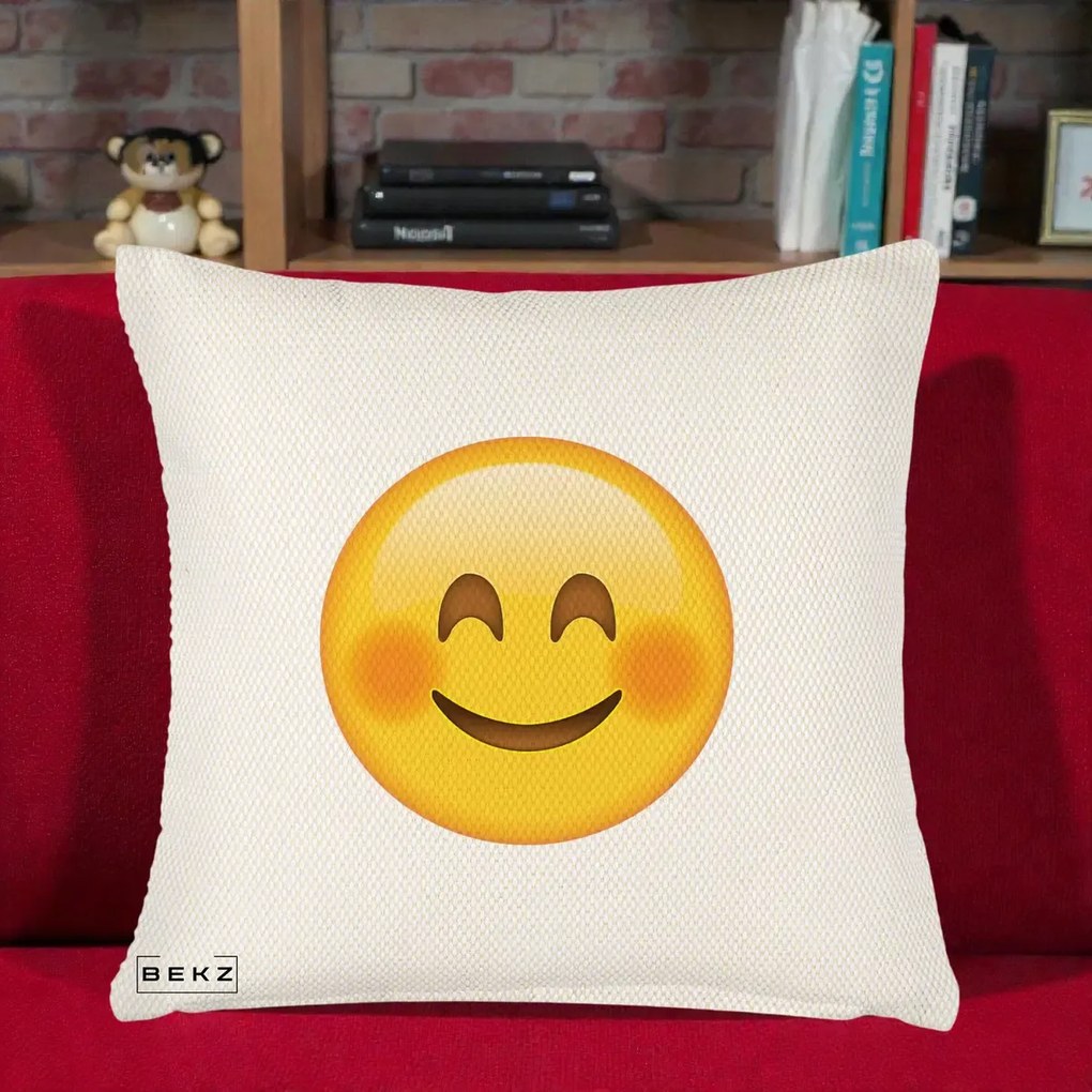 Perna Decorativa Emoji Fericit Roscat, 40x40 cm, Crem Reliefat, Husa Detasabila, Perna Inclusa, BEKZ®