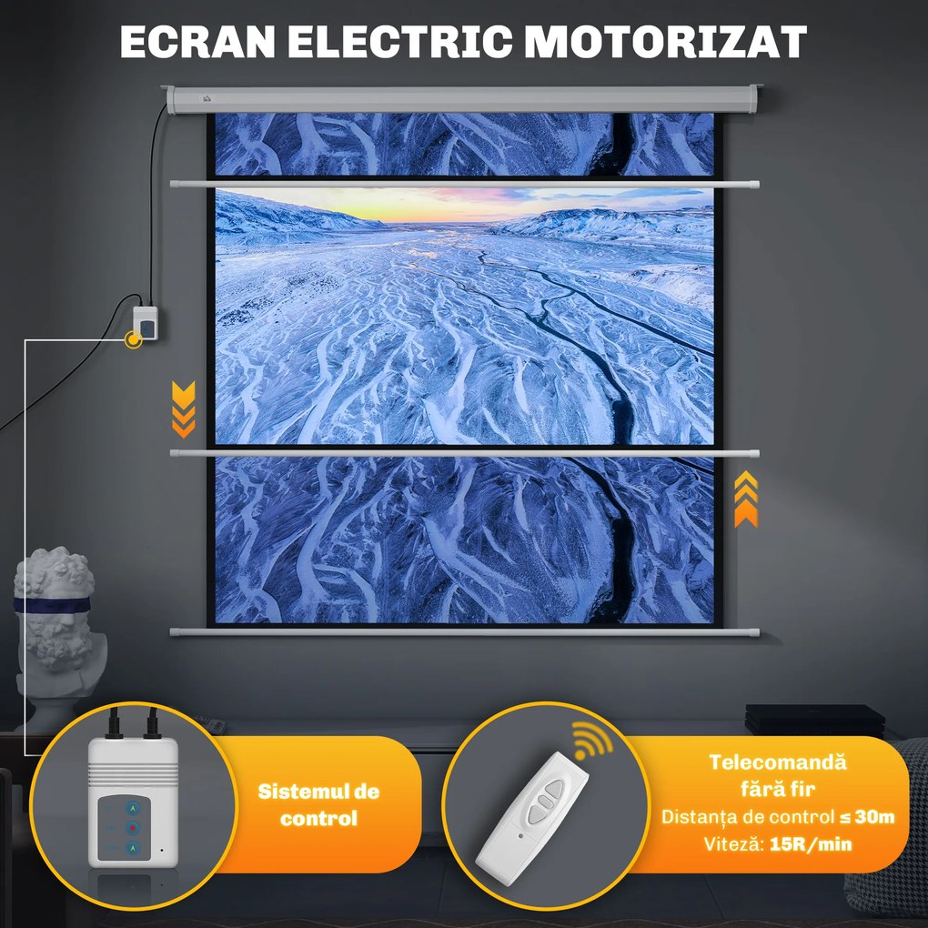 HOMCOM Ecran Proiecție de 85 inch 1:1 cu Telecomandă, Pânză de Proiector Rulantă, 176,5x8x176,5 cm, Alb | Aosom Romania