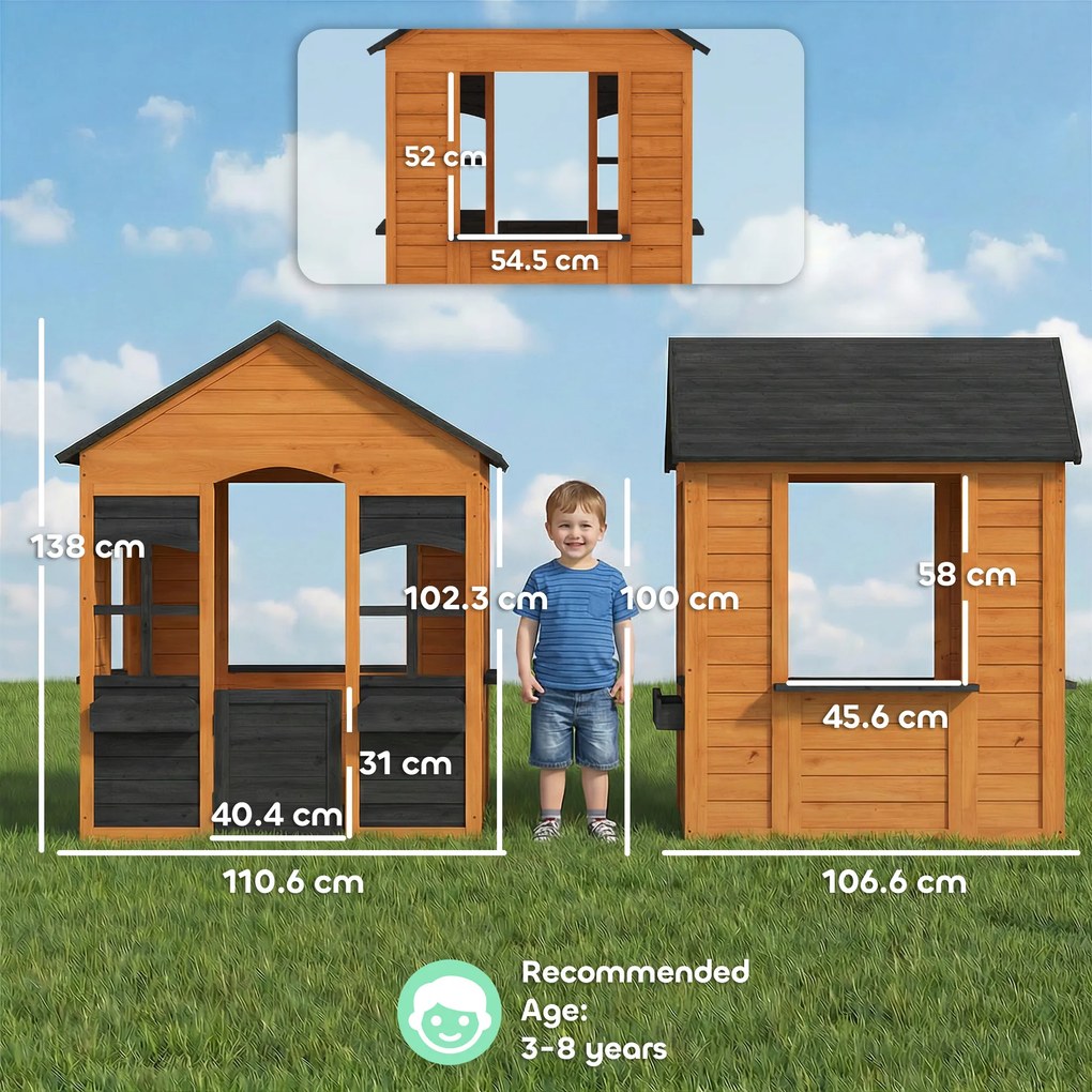 AIYAPLAY Căsuță pentru copii în aer liber din lemn, casă exterioară pentru copii, ușă pe jumătate, ferestre, jardiniere, 3-8 ani, maro deschis | Aosom Romania