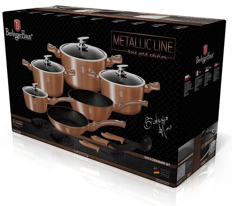 Set oale si tigai marmorate, cu capace, Rose Gold Metalic Line 15 piese Berlinger Haus BH 1224N, antiaderente, design elegant, inductie
