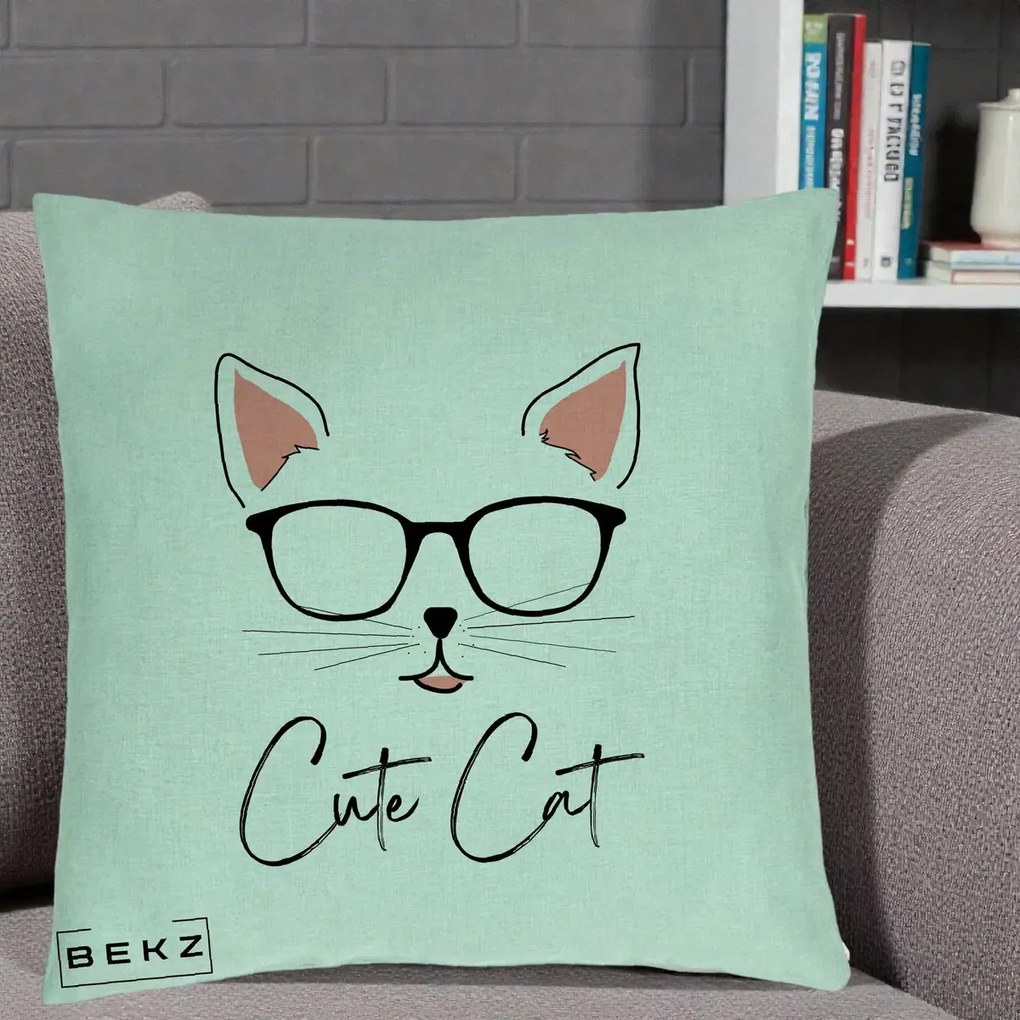 Perna Personalizata Cute Cat cu Ochelari, 40x40 cm, Verde Menta, Husa Detasabila, Perna Inclusa, BEKZ®