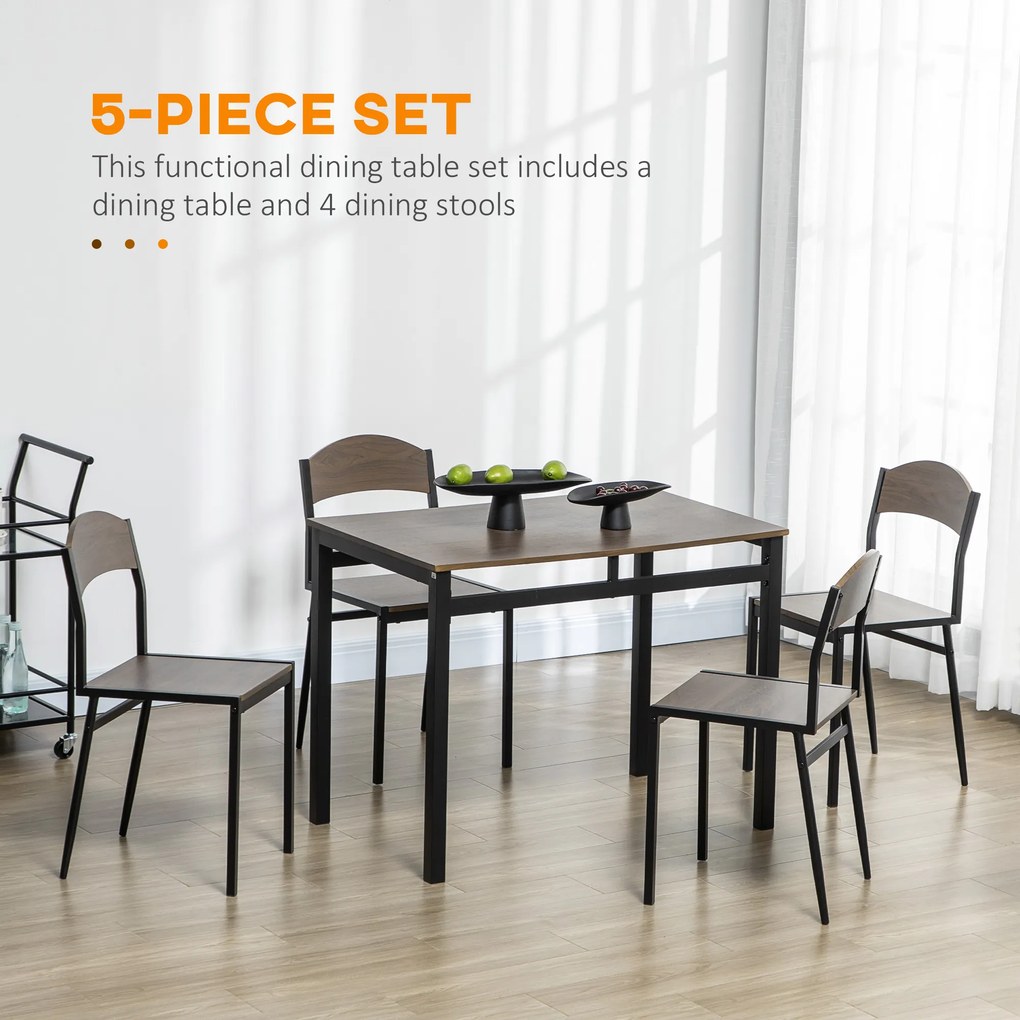 Set de sufragerie 5 piese, masa dreptunghiulara 100x63x76,5 cm, 4 scaune 45x40x82 cm, otel si MDF, maro negru HOMCOM | Aosom RO