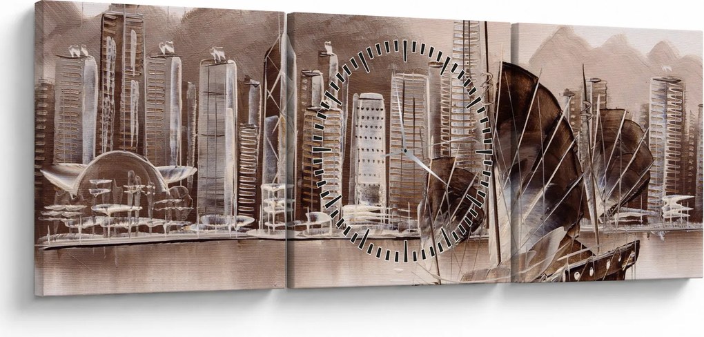 Tablou - Victoria Harbour, Hong Kong, efect sepia (cu ceas) (90x30 cm)