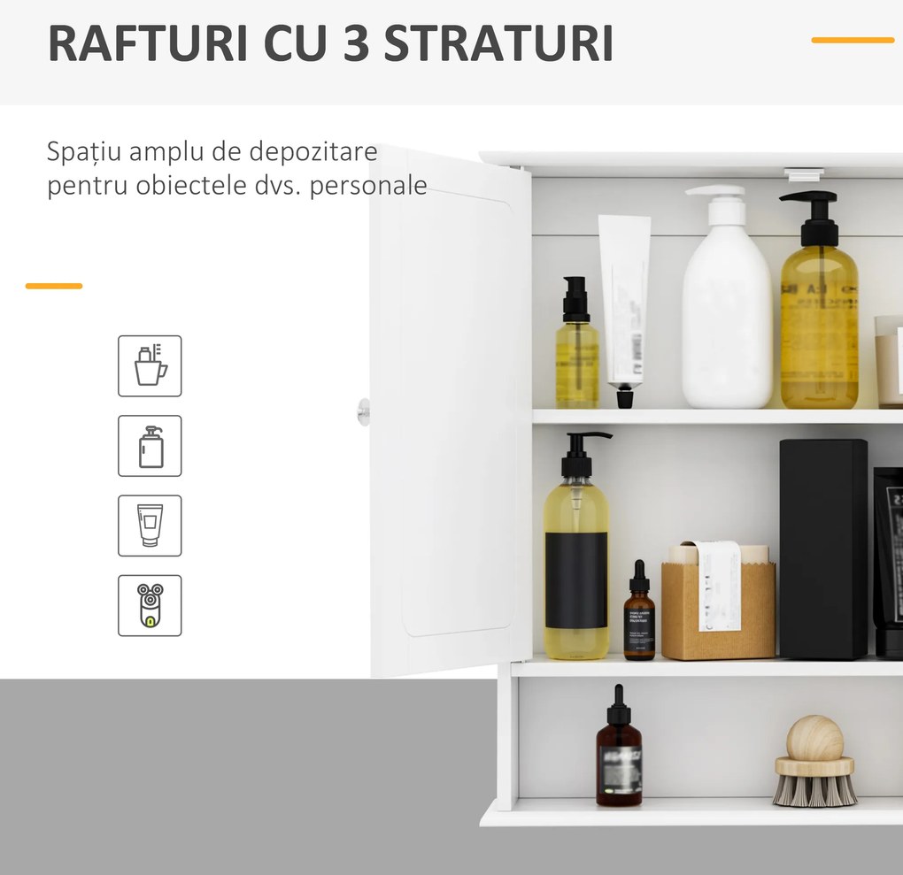 HomCom Dulap de Baie cu Oglindă, Spațiu Depozitare, 56x13x58 cm, Design Modern, Alb | Aosom Romania