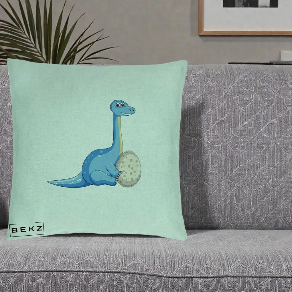 Perna Decorativa Brontosaur cu Ou, 40x40 cm, Verde Menta, Husa Detasabila, Perna Inclusa, BEKZ®