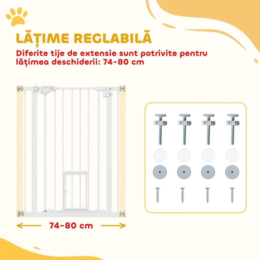 PawHut Poartă Reglabilă pentru Câini cu Ușă Mică și Montaj prin Presiune, 74-80x91.4 cm, Alb | Aosom Romania