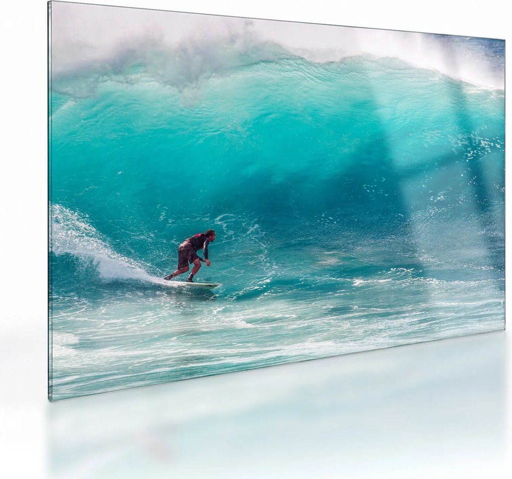 Tablou pe sticlă - Surfer în valuri (70x50 cm)