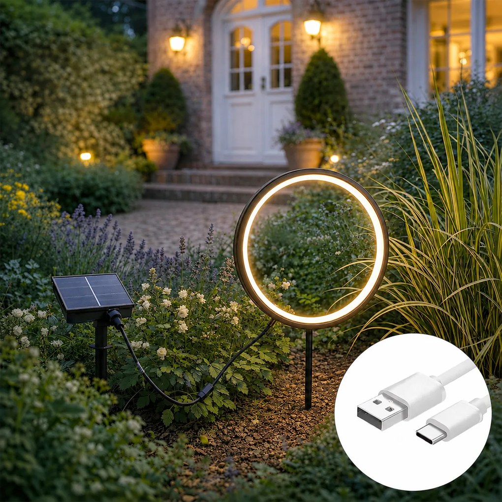 Lampă cu vârf negru 50 cm incluzând LED reîncărcabil și solar IP65 - Adalind