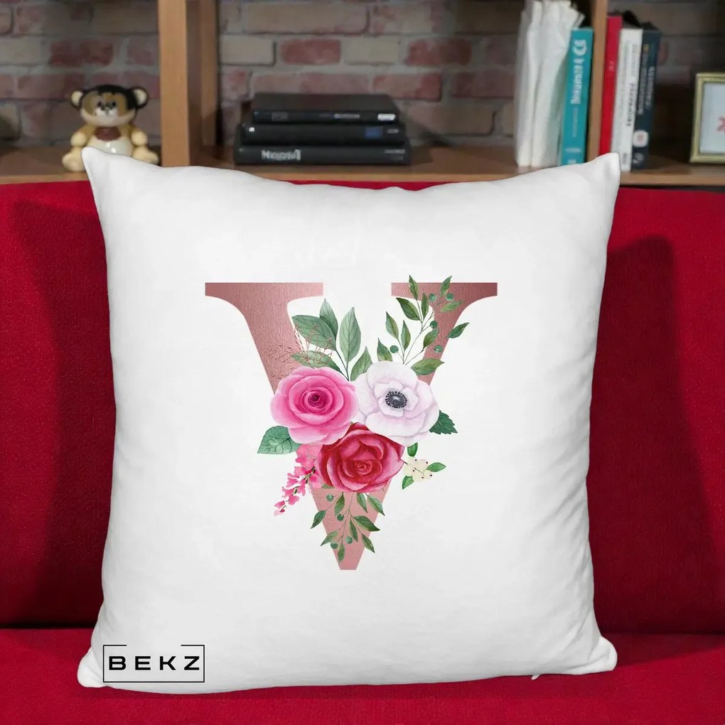 Cadou Personalizat - Perna Personalizata Monograma Rose Gold Litera V, 40x40 cm, Alb Pufos, Husa Detasabila, Perna Inclusa, BEKZ®
