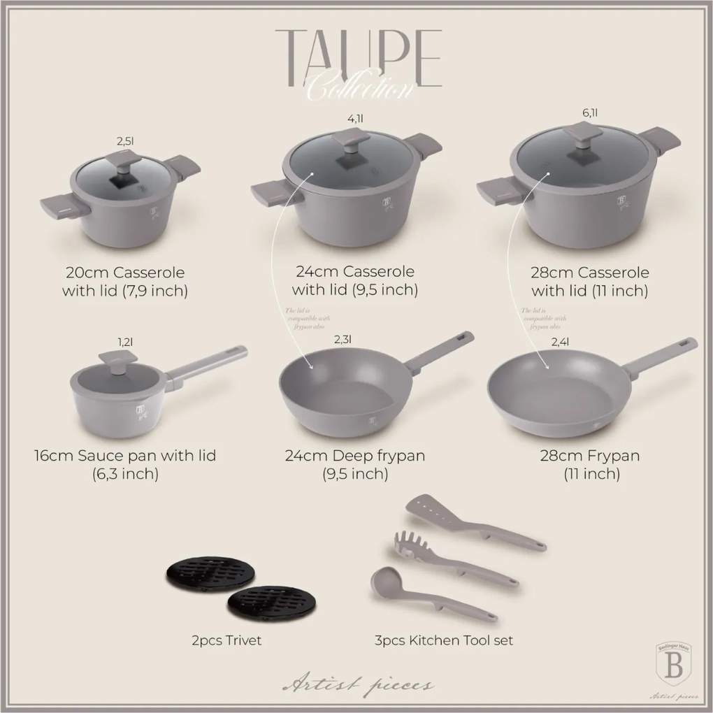RESIGILAT - Set Oale si tigai 15 piese, antiaderente Taupe Collection Berlinger Haus BH 8111