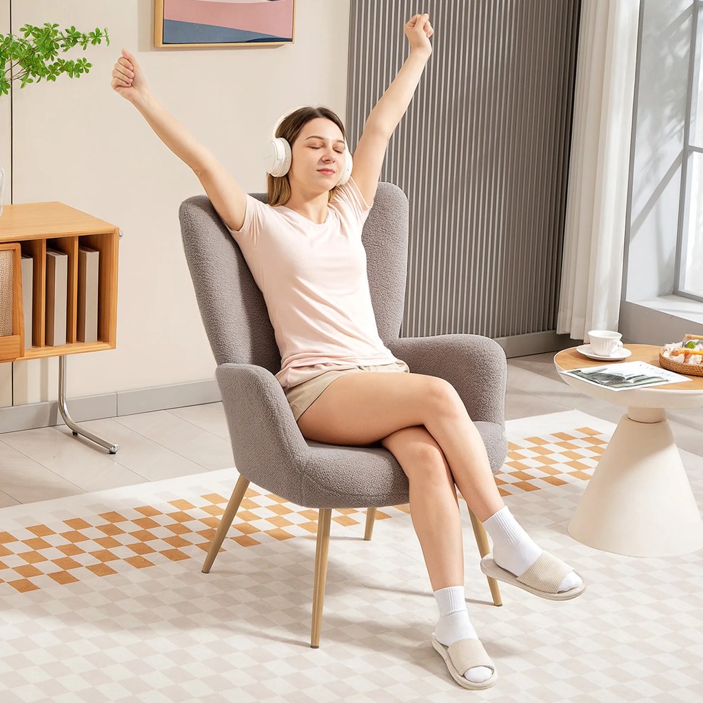 Fotoliu Modern Imbottito de Sufragerie HOMCOM, Fotoliu de Dormitor în Țesătură Sherpa cu Spătar Înalt și Brațe, Fotoliu Relax cu Cadru din Oțel pentru Sufragerie, Gri Deschis | Aosom Romania