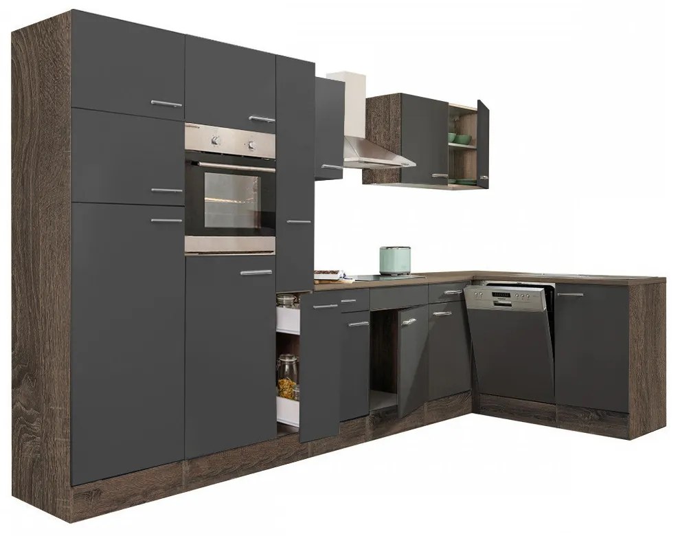 Mobilă de bucătărie de colț Yorki 370, corp din stejar Yorki, cu față antracit satinat