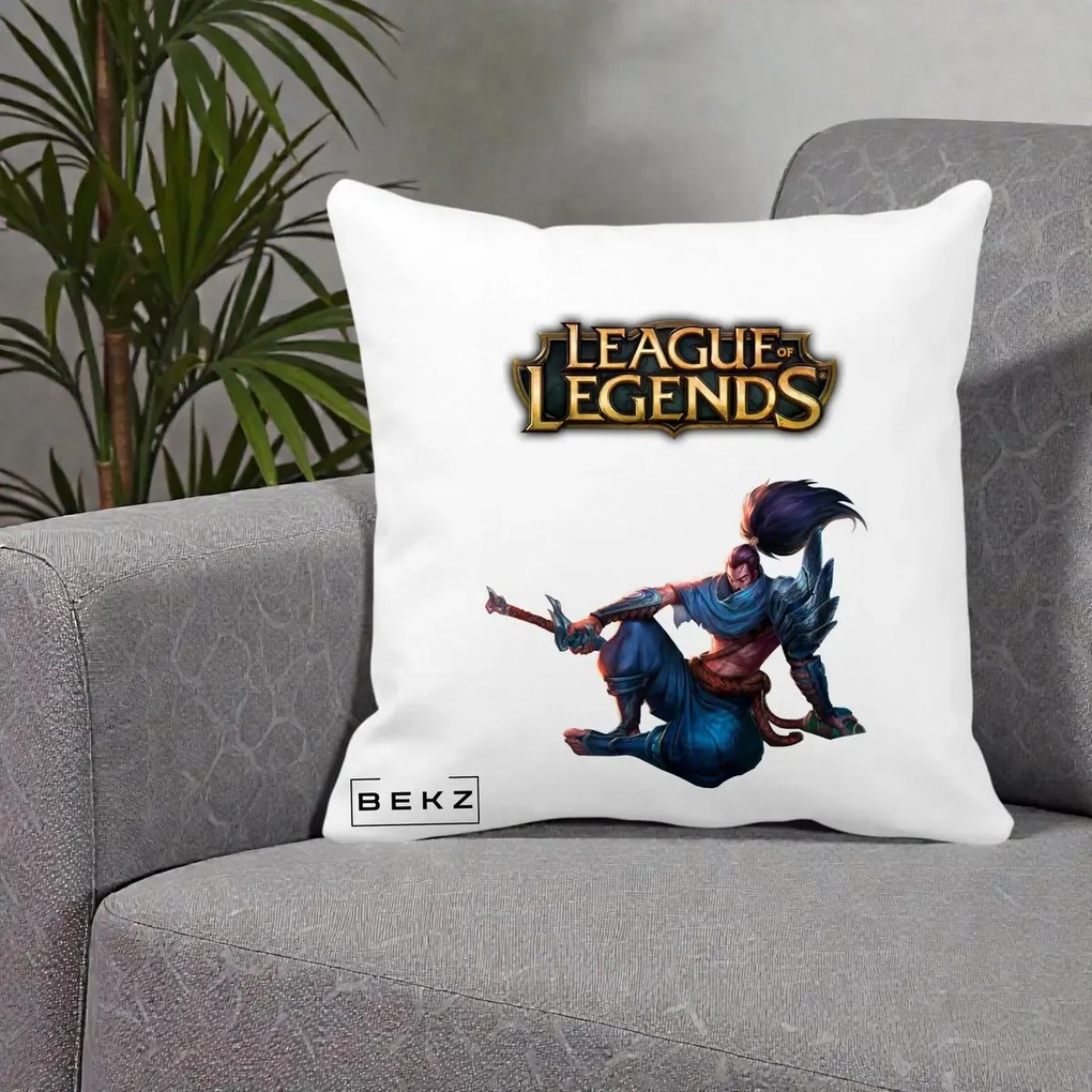 Perna Personalizata League of Legends Yasuo, 40x40 cm, Alba Mata, Husa Detasabila, Perna Inclusa, BEKZ®