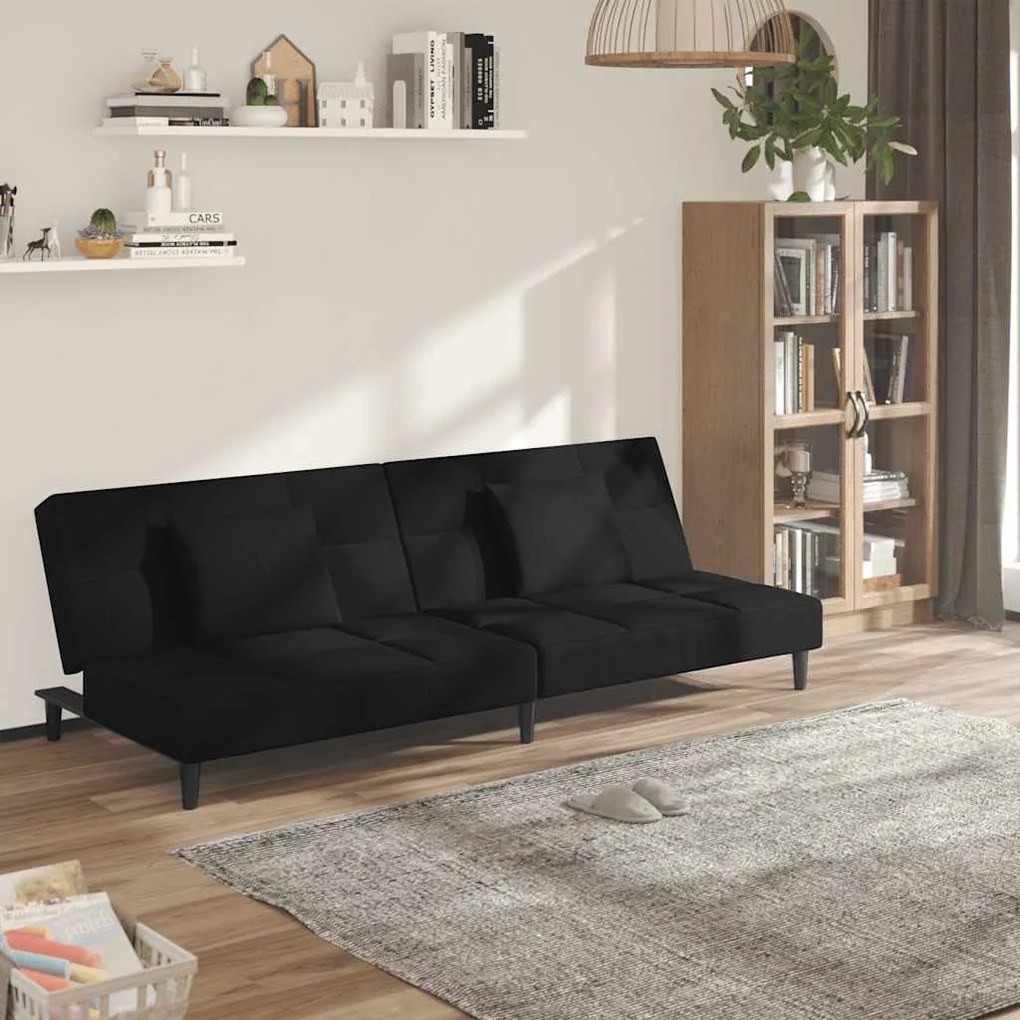 Canapea extensibilă cu 2 locuri, 2 perne, negru, catifea