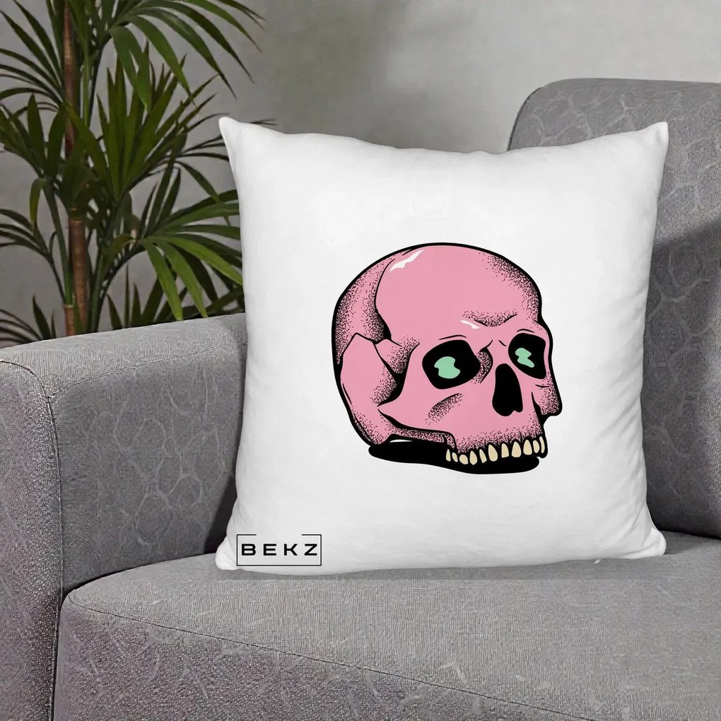 Perna Decorativa Craniu Roz Tatoo Art Halloween, 40x40 cm, Alb Pufos, Husa Detasabila, Perna Inclusa, BEKZ®