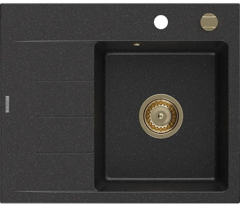Mexen Ben chiuvetă de granit cu 1 compartiment cu scurgător, dreapta 600 x 500 mm negru/argintiu metalic sifon auriu