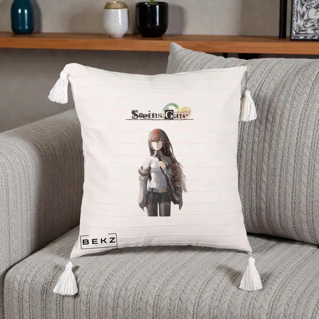 Perna Personalizata Steins Gate Kurisu Makise Anime, 40x40 cm, Bej cu Franjuri, Husa Detasabila, Perna Inclusa, BEKZ®