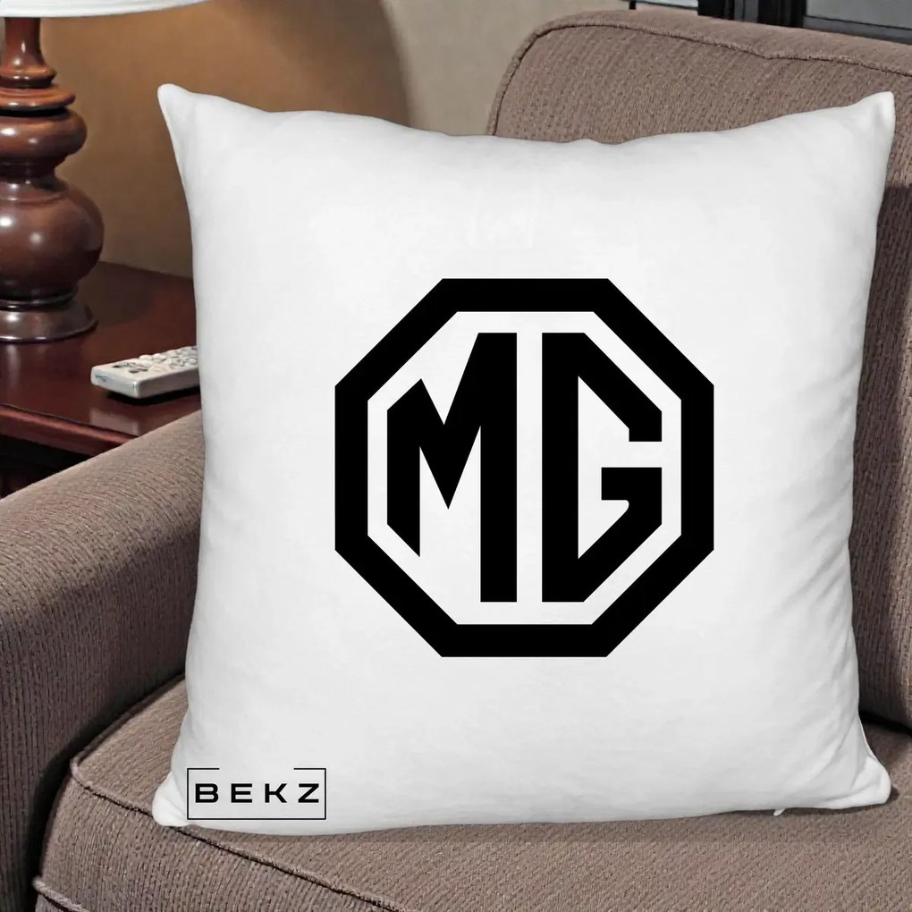 Perna Personalizata cu emblema MG, 40x40 cm, Alb Pufos, Husa Detasabila, Perna Inclusa, BEKZ®
