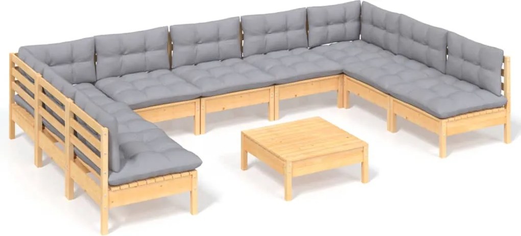 vidaXL Set mobilier de grădină cu perne, 10 piese, gri, lemn masiv pin