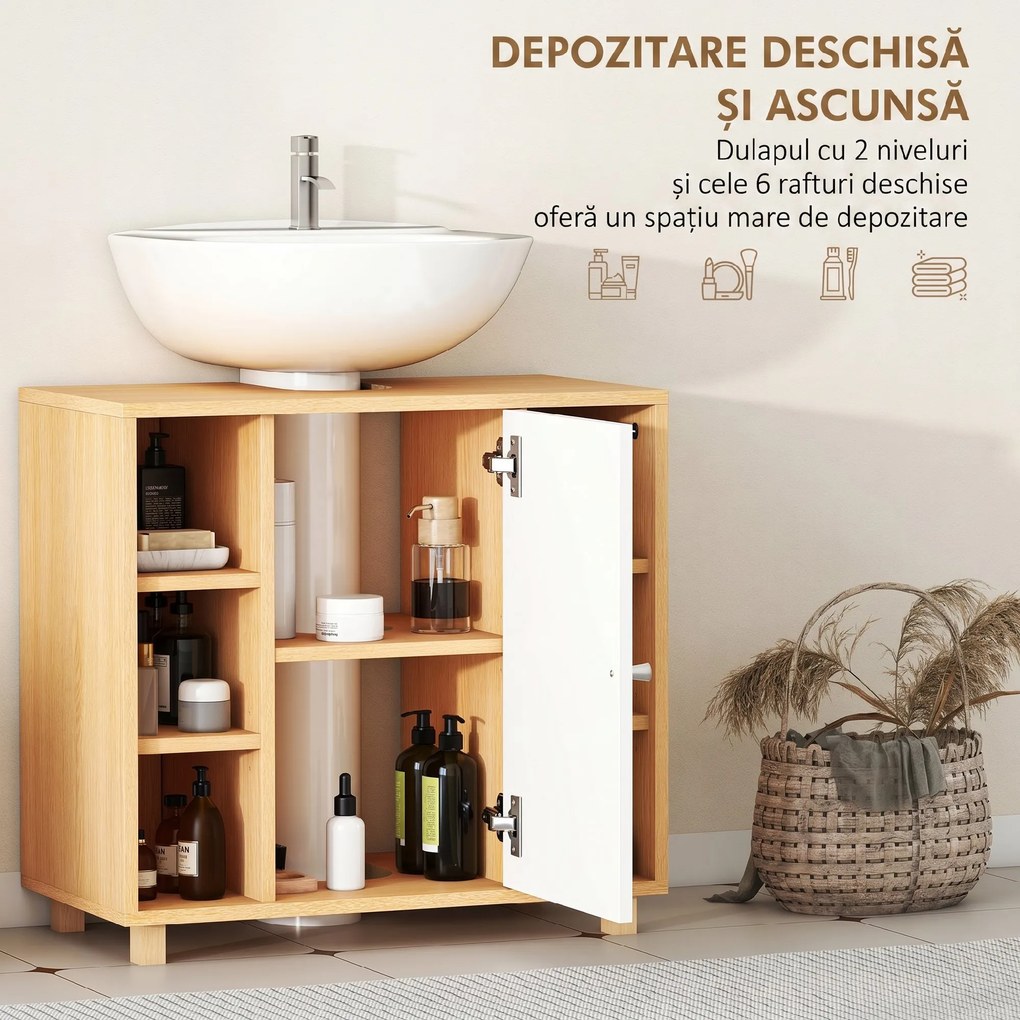 HOMCOM Dulap Sub Chiuvetă cu 2 Uși cu Închidere Lentă și 6 Rafturi Lemn natural | Aosom Romania