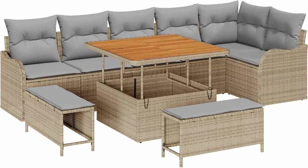 vidaXL Set de canapele pentru grădină cu pernă 9 pcs Bej poliratan