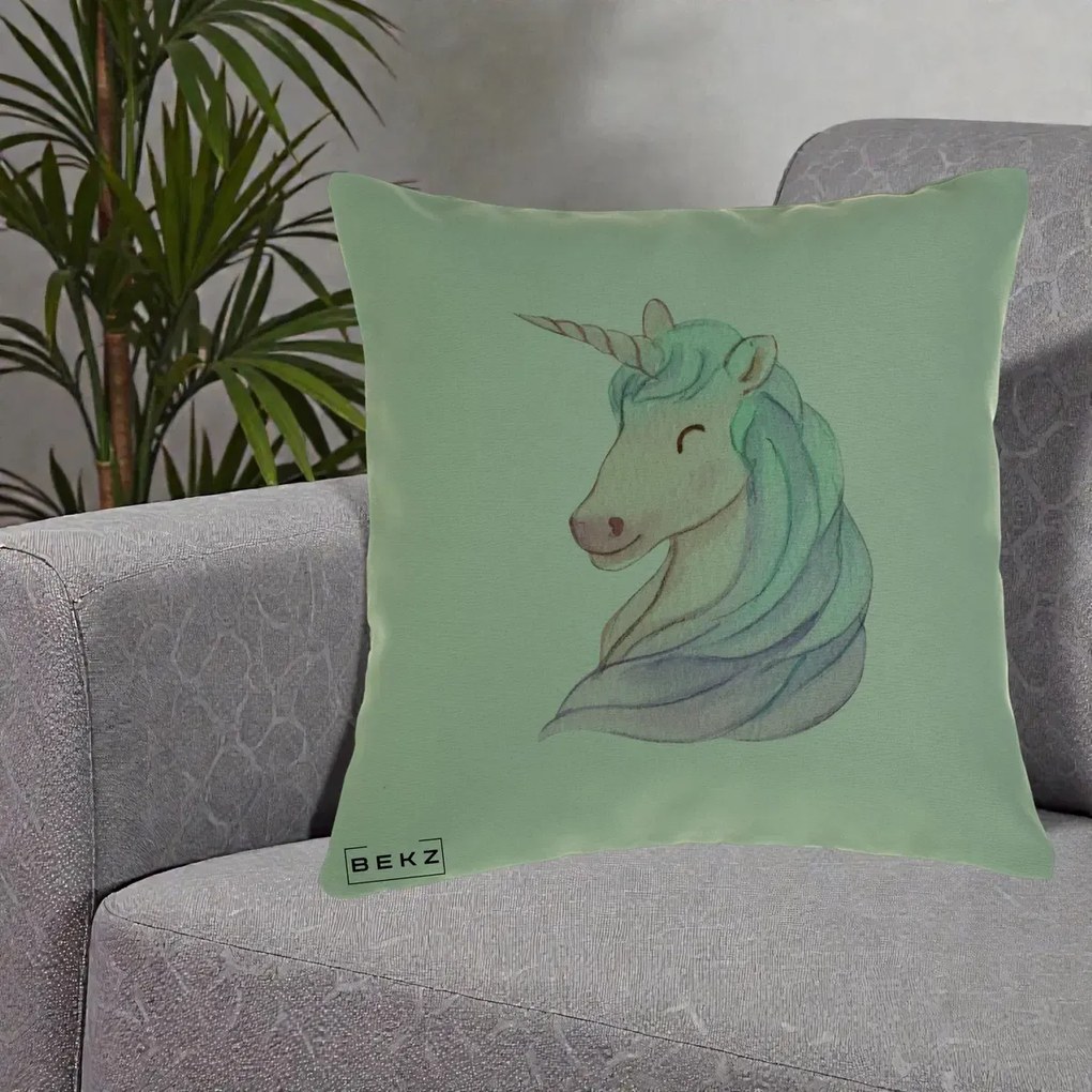 Perna Decorativa Unicorn Acuarela Pastel, 40x40 cm, Verde, Husa Detasabila, Perna Inclusa, BEKZ®