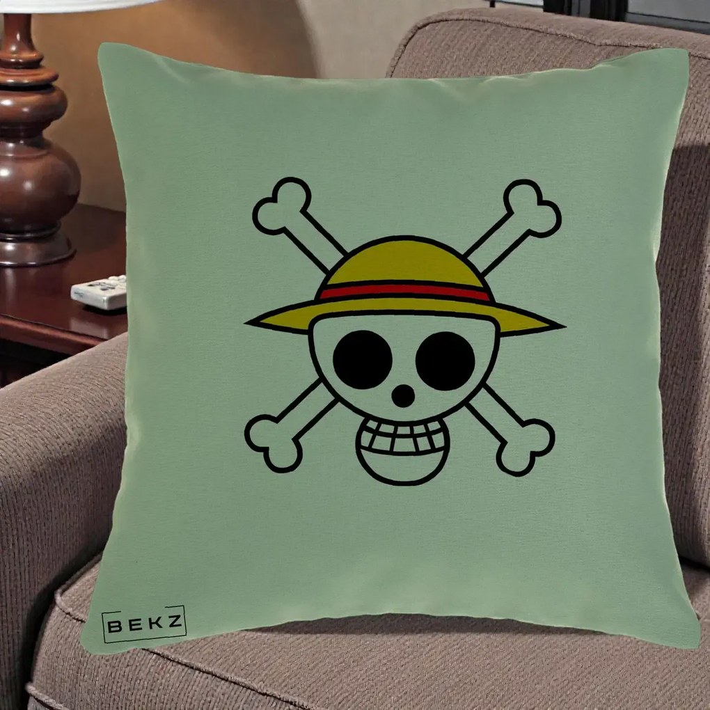 Perna Personalizata One Piece Jolly Roger Straw Hat Pirates, 40x40 cm, Verde, Husa Detasabila, Perna Inclusa, BEKZ®