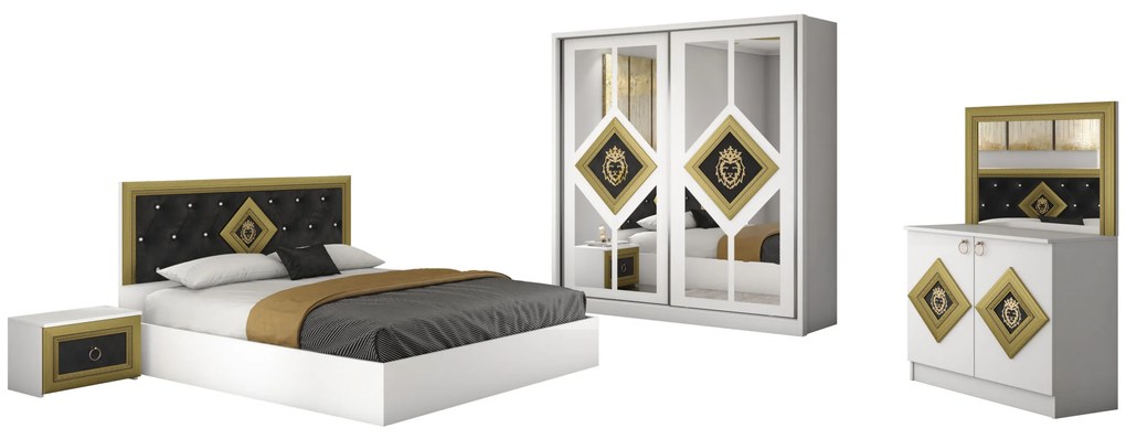 Dormitor Deluxe, culoare alb / negru, cu pat tapitat 160 x 200, dulap 200 cm, comoda si 2 noptiere