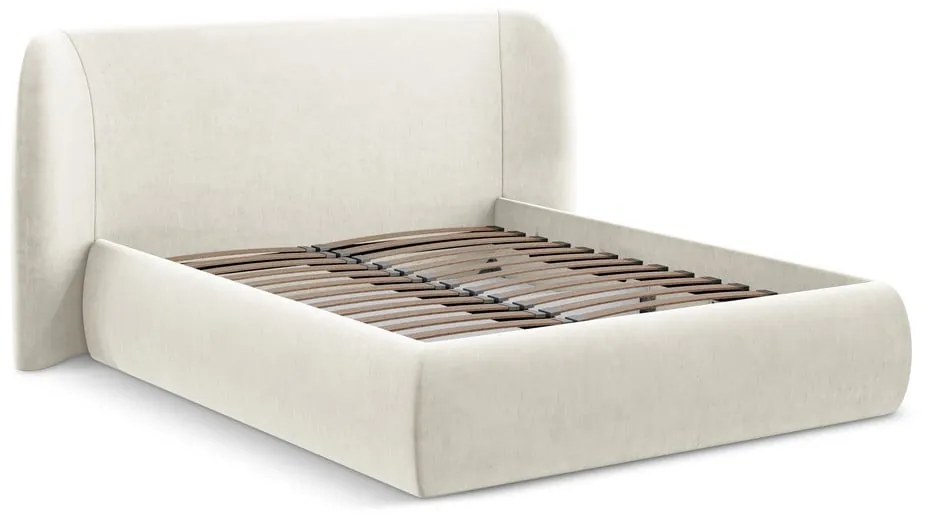 Pat matrimonial crem tapițat cu spațiu de depozitare cu somieră 180x200 cm Hauke – Makamii