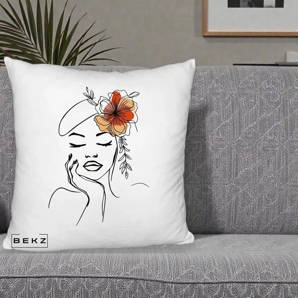 Perna Decorativa Portret Feminin Flori Palarie, 40x40 cm, Alb Pufos, Husa Detasabila, Perna Inclusa, BEKZ®