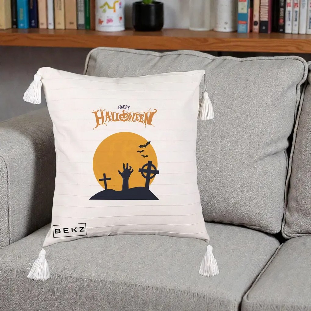 Perna Decorativa Happy Halloween Cimitir cu Luna, 40x40 cm, Bej cu Franjuri, Husa Detasabila, Perna Inclusa, BEKZ®