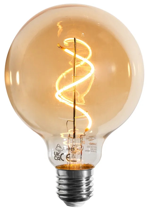Set de 5 becuri LED E27 dimabile cu filament spiralat G95 aurii 4W 270 lm 2100K