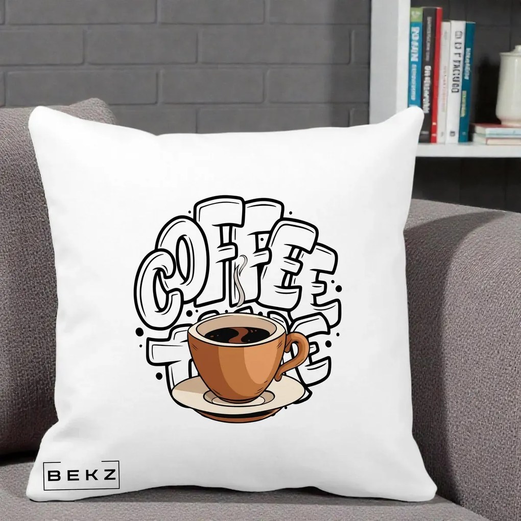 Perna Personalizata COFFEE cu Cana, 40x40 cm, Alba Mata, Husa Detasabila, Perna Inclusa, BEKZ®