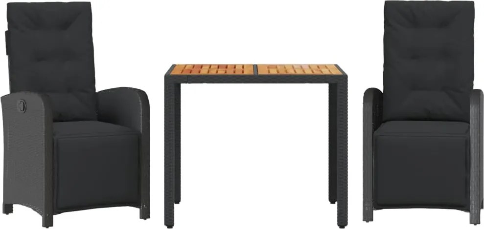 vidaXL Set bistro cu perne, 3 piese, negru, poliratan