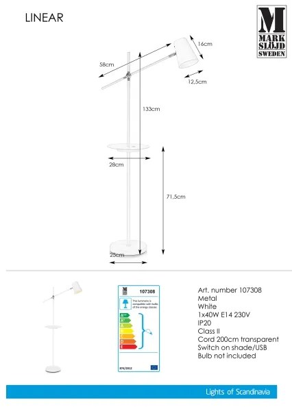 Markslöjd 107308 - Lampadar cu USB LINEAR 1xE14/40W/230V