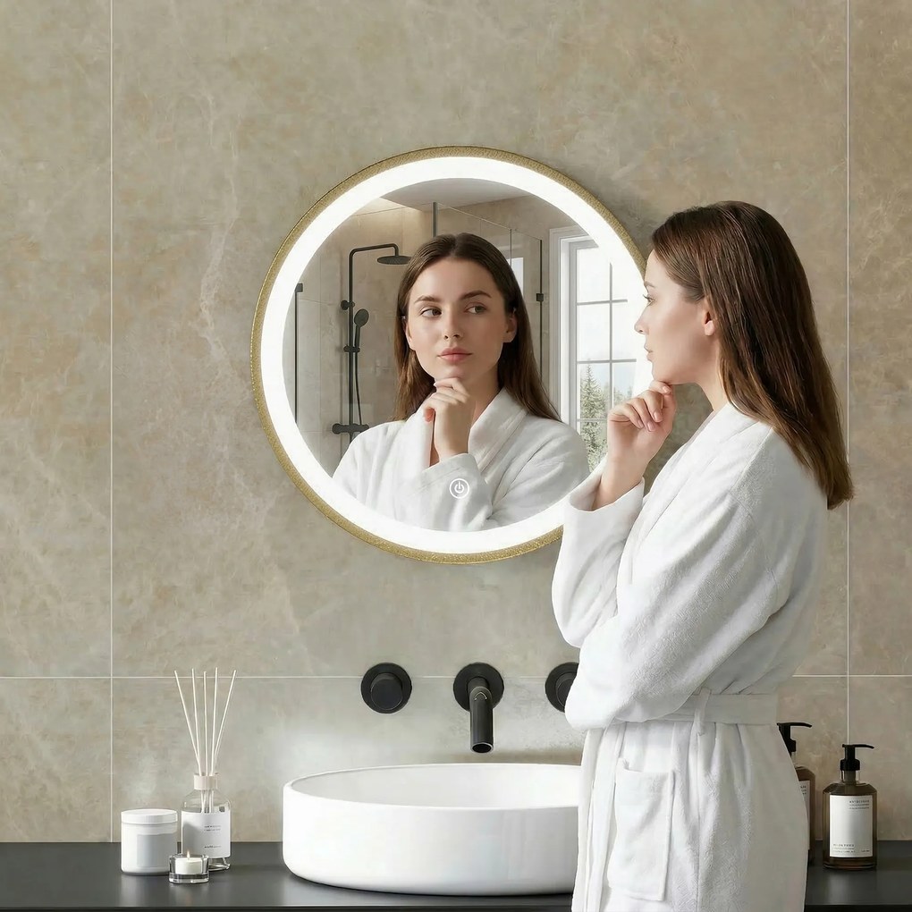 HOMCOM Oglindă de baie cu iluminare LED rotundă 40 cm, oglindă luminoasă de perete cu 3 temperaturi de culoare, reglabilă, auriu | Aosom Romania