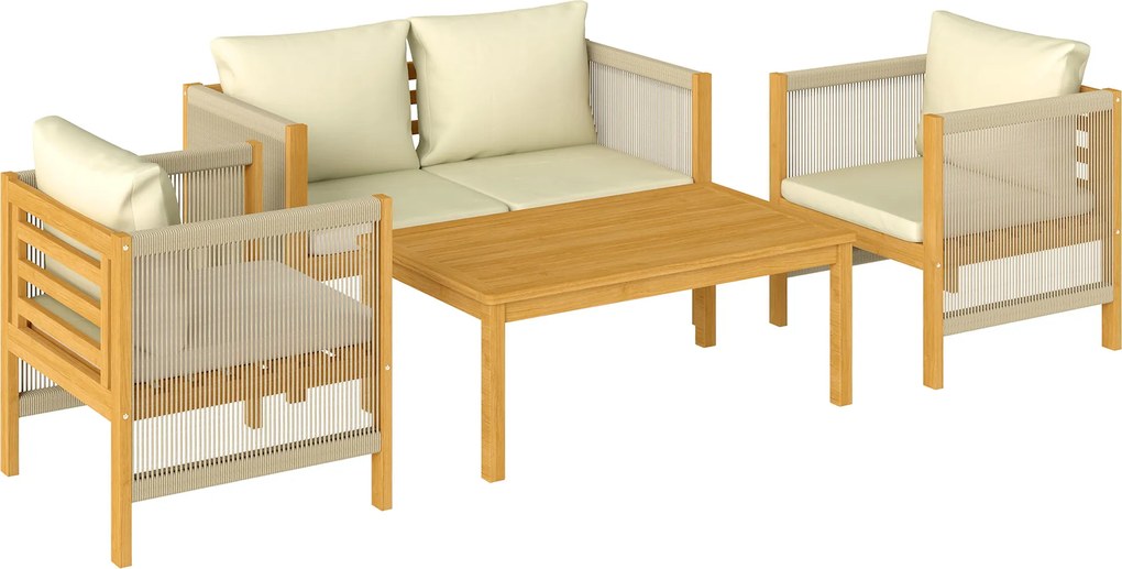 Outsunny Set mobilier de grădină din lemn pentru 4 persoane cu canapea 2 locuri, 2 fotolii, masă, împletitură din frânghie, design cu lamele, perne lavabile | Aosom Romania