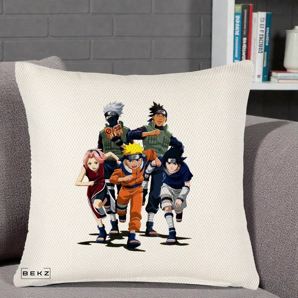 Perna Personalizata Naruto Echipa 7 Kakashi Sensei, 40x40 cm, Crem Reliefat, Husa Detasabila, Perna Inclusa, BEKZ®