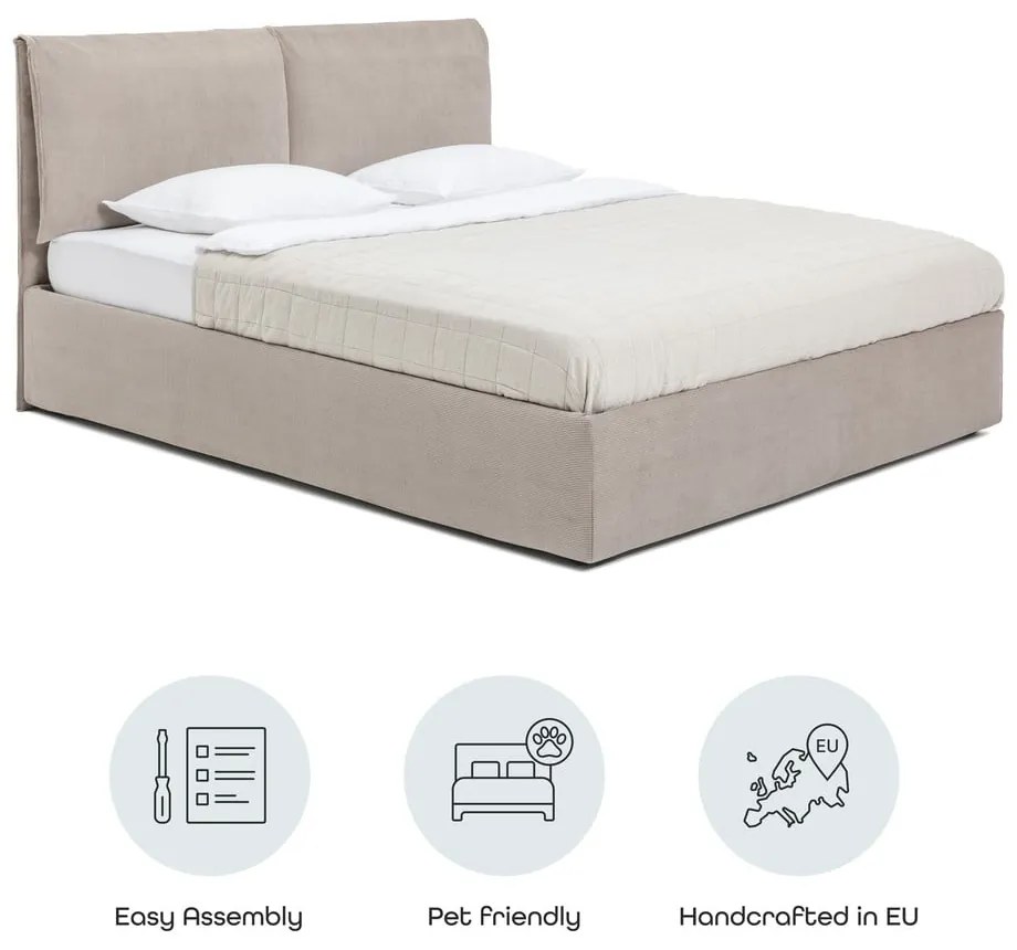 Pat matrimonial taupe tapițat cu spațiu de depozitare cu somieră 180x200 cm Thessa Pillow – Bonami Selection