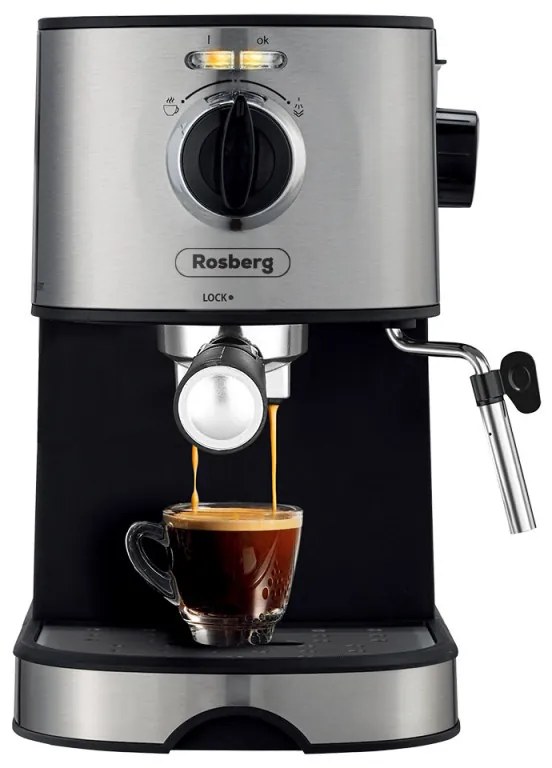 Espressor Rosberg Premium RP51171D, 850W, 20 bar, 2 Filtre, Negru/Otel inoxidabil