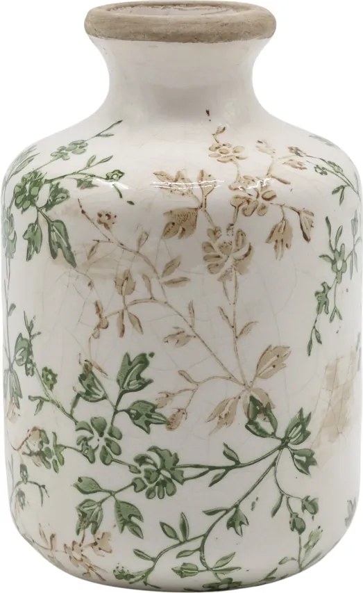 Vază din ceramică albă antichizată, pictată manual, cu decor floral-vegetal, 17,5x11 cm, „Grasse"