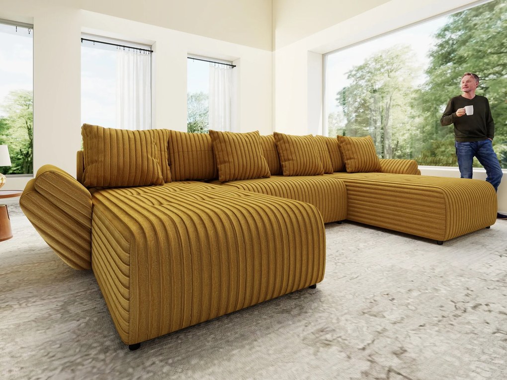 Colțar extensibil dumonde cu ladă de depozitare si sezut confortabil din spuma high-density, Berlin U Ambiance Mustar 380x180 cm