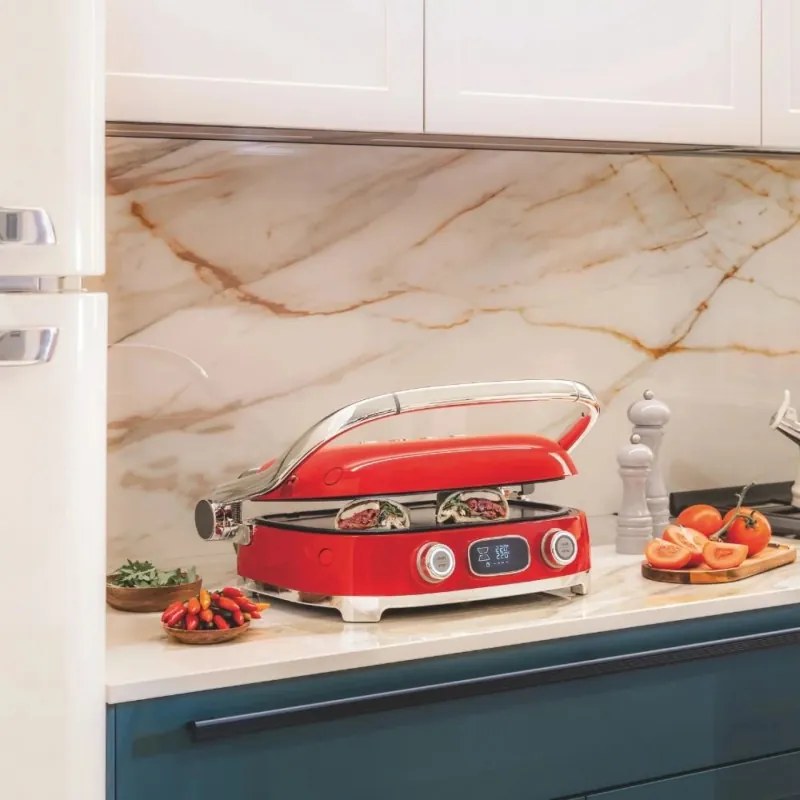 Grătar multifuncțional SMEG 50's Style MGF01RDEU, 2100 W, 60-230 °C, 3 programe, acoperire ceramică, tavă de scurgere, semnal sonor, cronometru, roșu