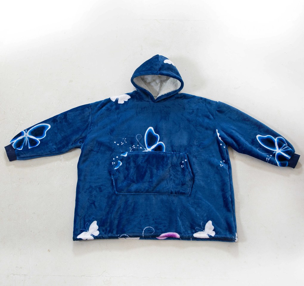 Patura cu maneci si gluga, imitatie de miel VIOLET BUTTERFLY, albastru inchis