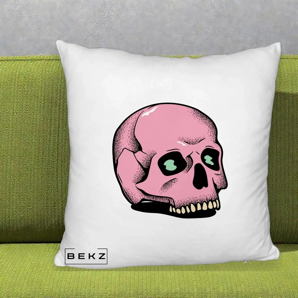 Perna Decorativa Craniu Roz Tatoo Art Halloween, 40x40 cm, Alb Pufos, Husa Detasabila, Perna Inclusa, BEKZ®