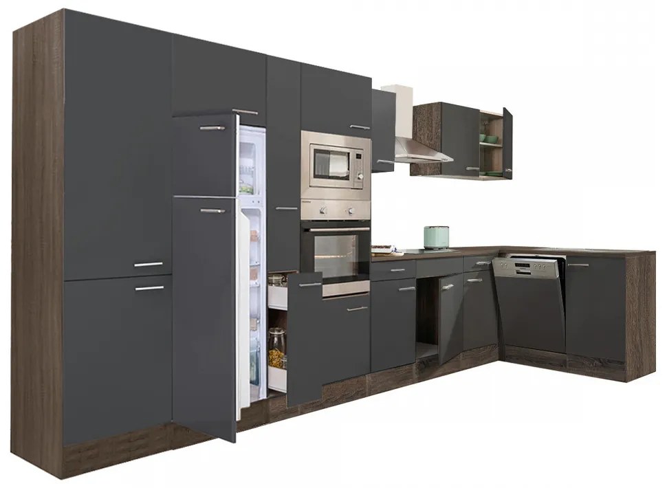 Mobilă de bucătărie de colț Yorki 430, corp din stejar Yorki, față antracit satinat, frigider cu congelator superior