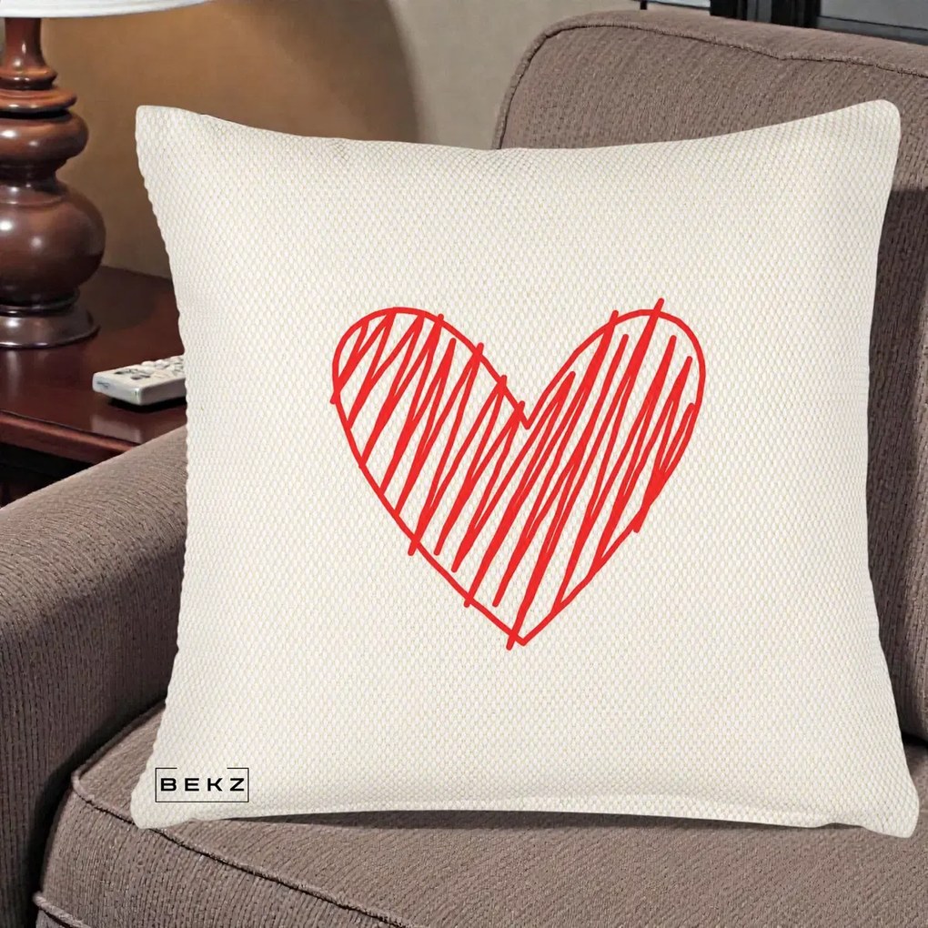 Perna Decorativa Inima Rosie Desen Manual, 40x40 cm, Crem Reliefat, Husa Detasabila, Perna Inclusa, BEKZ®