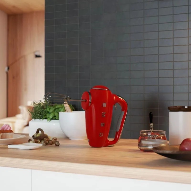 Mixer manual SMEG 50's Style HMF01RDEU, 250 W, 9 viteze, Functie Turbo, Afisaj LED, Timer, Accesorii, Rosu