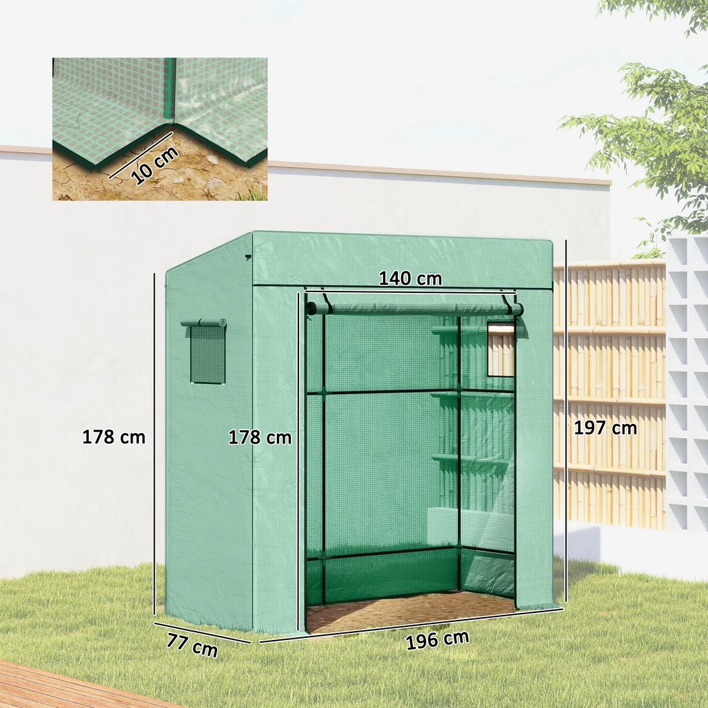 Outsunny Seră de Grădină cu Acoperiș Înclinat, 2 Ferestre și Ușă Rulabilă, Seră pentru Grădină cu Structură din Oțel, Acoperire din PE Anti-UV, pentru Grădină Legume Flori Plante, 196x77x197 cm, Verde | Aosom Romania