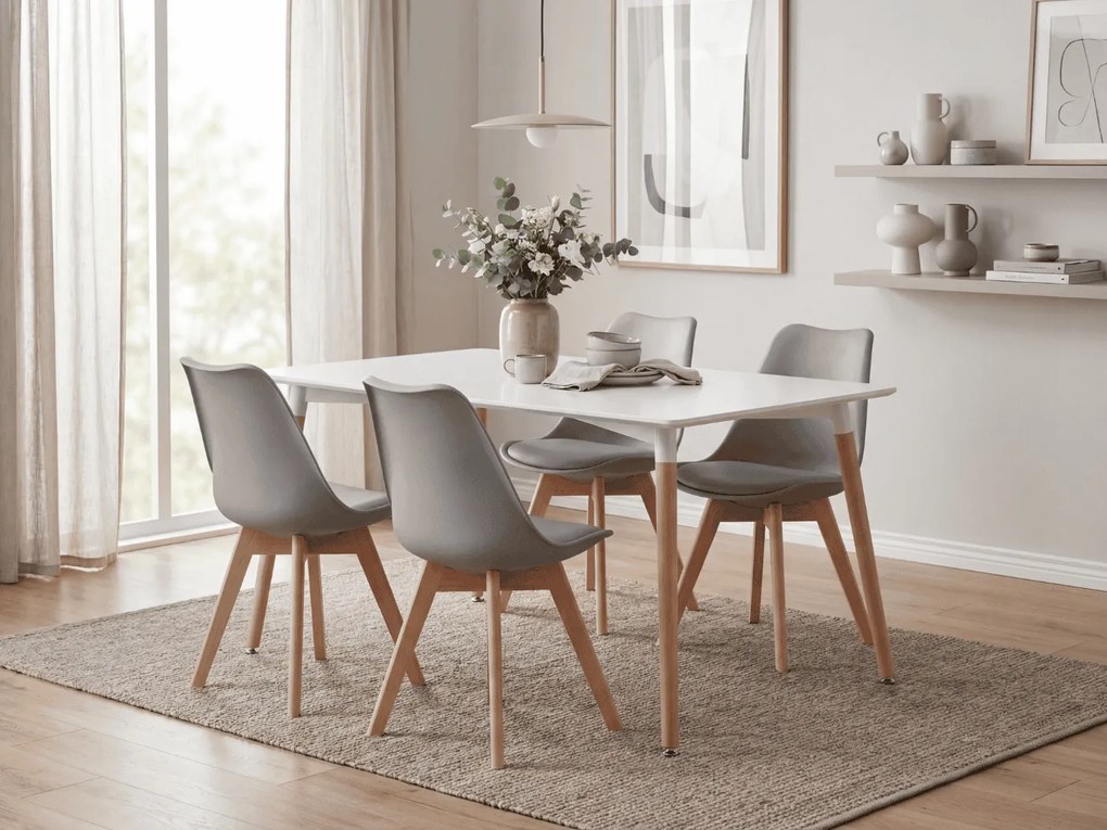 Set de dining 1 + 4, masa alba ADRIA 120x80 cm + scaun gri deschis BALI MARK cu picioare din lemn de fag
